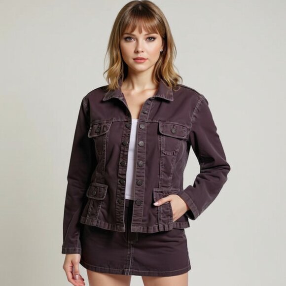 A.M.I. Dark Brown Stretch Corduroy Trucker Y2K Bohemian Blazer Jacket - Picture 1 of 12